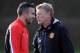 MANCHESTER, ENGLAND - DECEMBER 09: Manchester United manager David Moyes looks on next to Robin Van Persie during a first team training session, ahead of their UEFA Champions League Group A match against Shakhtar Donetsk, at Aon Training Complex on Decemb