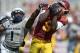 Sep 21, 2013; Los Angeles, CA, USA; Southern California Trojans receiver Marqise Lee (9) is defended by Utah State Aggies cornerback Daniel Gray (1) at the Los Angeles Memorial Coliseum. USC defeated Utah State 17-14. Mandatory Credit: Kirby Lee-USA TODAY