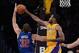Oct 29, 2013; Los Angeles, CA, USA; Los Angeles Lakers small forward Shawne Williams (3) blocks a shot by Los Angeles Clippers power forward Blake Griffin (32) in the second half of the game at Staples Center. Lakers won 116-103. Mandatory Credit: Jayne