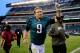 PHILADELPHIA, PA - NOVEMBER 17: Quarterback Nick Foles #9 of the Philadelphia Eagles jogs off the field following the Eagles 24-16 win over the Washington Redskins at Lincoln Financial Field on November 17, 2013 in Philadelphia, Pennsylvania. (Photo by