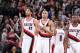 PORTLAND, OR - DECEMBER 2: Nicolas Batum #88 and Robin Lopez #42 walk of the Portland Trail Blazers against the Indiana Pacers on December 2, 2013 at the Moda Center Arena in Portland, Oregon. NOTE TO USER: User expressly acknowledges and agrees that, by