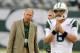 Aug 17, 2013; East Rutherford, NJ, USA; New York Jets general manager John Idzik (left) watches quarterback Mark Sanchez before the game against the Jacksonville Jaguars at MetLife Stadium. Mandatory Credit: John O'Boyle/THE STAR-LEDGER via USA TODAY Spo