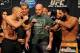 Nov 15, 2013; Las Vegas, NV, USA; UFC 167 Welterweight challenger Georges St. Pierre (left) and welterweight champion Johny Hendricks pose for photographs with UFC president Dana White during the official weigh-in of UFC 167 at MGM Grand Garden Arena. Man