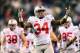 Dec 7, 2013; Indianapolis, IN, USA; Ohio State Buckeyes running back Carlos Hyde (34) pumps up the crowd prior to the 2013 Big 10 Championship game against the Michigan State Spartans at Lucas Oil Stadium. Mandatory Credit: Andrew Weber-USA TODAY Sports