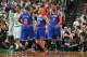BOSTON, MA - MAY 3: Carmelo Anthony #7 and Raymond Felton #2 of the New York Knicks high five in Game Six of the Eastern Conference Quarterfinals against the Boston Celtics during the NBA Playoffs on May 3, 2013 at the TD Garden in Boston, Massachusetts.