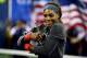 Serena Williams hugs the U.S. Open trophy after winning the tournament in New York.