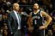 Dec 13, 2013; Auburn Hills, MI, USA; Brooklyn Nets head coach Jason Kidd and point guard Deron Williams (8) look on during the second quarter against the Detroit Pistons at The Palace of Auburn Hills. Pistons beat the Nets 103-99. Mandatory Credit: Raj Me