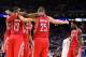 Dec 13, 2013; Oakland, CA, USA; Houston Rockets power forward Terrence Jones (6), power forward Dwight Howard (12), shooting guard James Harden (13), small forward Chandler Parsons (25) and point guard Patrick Beverley (2) huddle as a play is reviewed dur