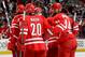 RALEIGH, NC - DECEMBER 06: Riley Nash #20 of the Carolina Hurricanes celebrates his third-period goal against the San Jose Sharks with teammates Jiri Tlusty #19,Elias Lindholm #16, Tim Gleason #6 and Jay Harrison during their NHL game at PNC Arena on Dece