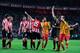 BILBAO, SPAIN - DECEMBER 01: Ander iturraspe (L) of Athletic Club is shown a yellow card for a challenge on Neymar of FC Barcelona during the La Liga match between Athletic Club and FC Barcelona at San Mames Stadium on December 1, 2013 in Bilbao, Spain.