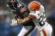 Aug 29, 2013; Chicago, IL, USA; Chicago Bears wide receiver Joe Anderson (19) makes a catch against Cleveland Browns cornerback Leon McFadden (29) during the first quarter at Soldier Field. Mandatory Credit: Mike DiNovo-USA TODAY Sports