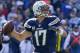 Dec 8, 2013; San Diego, CA, USA; San Diego Chargers quarterback Philip Rivers (17) throws a pass during the first half of the Chargers win over the New York Giants at Qualcomm Stadium. Mandatory Credit: Robert Hanashiro-USA TODAY Sports