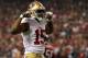 ATLANTA, GA - JANUARY 20: Wide receiver Michael Crabtree #15 of the San Francisco 49ers reacts after catching a 33-yard pass in the fourth quarter against the Atlanta Falcons in the NFC Championship game at the Georgia Dome on January 20, 2013 in Atlanta