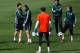 MADRID, SPAIN - APRIL 02: Xabi Alonso (L), Karin Benzema (2ndL), goalkeeper Diego Lopez (3dL), assistant coach Aitor Karanka (2ndR) and Luka Modric (R) excersise during a training session ahead of the UEFA Champions League Quarterfinal match between Real