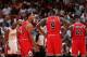 MIAMI, FL - OCTOBER 29: Derrick Rose #1 and Luol Deng #9 of the Chicago Bulls speak with eachother against the Miami Heat on October 29, 2013 at AmericanAirlines Arena in Miami, Florida. NOTE TO USER: User expressly acknowledges and agrees that, by downlo