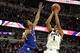 Nov 12, 2013; Chicago, IL, USA; Duke Blue Devils forward Jabari Parker (1) shoots over Kansas Jayhawks guard Andrew Wiggins (22) in the second half at United Center. Kansas won 94-83. Mandatory Credit: Dennis Wierzbicki-USA TODAY Sports