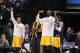 Dec 20, 2013; Indianapolis, IN, USA; Indiana Pacers guard George Hill (left) and center Roy Hibbert (right) react to the Pacers scoring a three pointer against the Houston Rockets at Bankers Life Fieldhouse. Indiana defeats Houston 114-81. Mandatory Credi