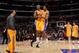 LOS ANGELES, CA - DECEMBER 20: Jodie Meeks #20 and Nick Young #0 of the Los Angeles Lakers celebrate during their game against the Minnesota Timberwolves at Staples Center on December 20, 2013 in Los Angeles, California. NOTE TO USER: User expressly ackno