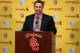 LOS ANGELES, CA - DECEMBER 03: Steve Sarkisian speaks at a press conference introducing him as the new USC head football coach at the John McKay Center at the University of Southern California on December 3, 2013 in Los Angeles, California. (Photo by S