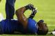 EAST RUTHERFORD, NJ - AUGUST 24: Stevie Brown #27 of the New York Giants is in pain after injuring his leg after making an interception against Geno Smith #7 of the New York Jets during their pre season game at MetLife Stadium on August 24, 2013 in Eas