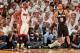 MIAMI, FL - JUNE 6: Tony Parker #9 of the San Antonio Spurs and Dwyane Wade #3 of the Miami Heat wait to resume play during Game One of the 2013 NBA Finals on June 6, 2013 at American Airlines Arena in Miami, Florida. NOTE TO USER: User expressly acknowle