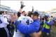 Nov 30, 2013; Chapel Hill, NC, USA; Duke Blue Devils head coach David Cutcliff with linebacker David Helton (47) after the game. The Duke Blue Devils defeated the North Carolina Tar Heels 27-25 at Kenan Memorial Stadium. Mandatory Credit: Bob Donnan-USA