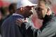 Nov 16, 2013; Lincoln, NE, USA; Nebraska Cornhuskers head coach Bo Pelini (left) talks to Michigan State Spartans assistant coach Pat Narduzzi during the pre-game warmups at Memorial Stadium. Mandatory Credit: Bruce Thorson-USA TODAY Sports