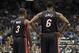 Dec 7, 2013; Minneapolis, MN, USA; Miami Heat shooting guard Dwyane Wade (3) and Miami Heat small forward LeBron James (6) look on during the second half against the Minnesota Timberwolves at Target Center. The Heat won 103-82. Mandatory Credit: Jesse Joh