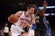 Dec 6, 2013; New York, NY, USA; New York Knicks power forward Andrea Bargnani (77) dribbles by Orlando Magic power forward Andrew Nicholson (44) during the second half at Madison Square Garden. The Knicks won the game 121-83. Mandatory Credit: Joe Campore