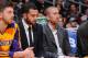 LOS ANGELES, CA - DECEMBER 20: (L-R) Ryan Kelly #4, Jordan Farmar #1, and Steve Blake #5 of the Los Angeles Lakers look on from the bench against the Minnesota Timberwolves at Staples Center on December 20, 2013 in Los Angeles, California. NOTE TO USER: U