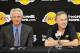November 15, 2012; El Segundo, CA, USA; Los Angeles Lakers general manager Mitch Kupchak (left) sits next to new head coach Mike D'Antoni during a press conference at the training facility in El Segundo. Mandatory Credit: Jayne Kamin-Oncea-USA TODAY S