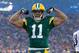 Dec 22, 2013; Green Bay, WI, USA; Green Bay Packers wide receiver Jarrett Boykin (11) celebrates a touchdown catch during the first quarter against the Pittsburgh Steelers at Lambeau Field. Mandatory Credit: Jeff Hanisch-USA TODAY Sports