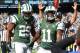 Oct 20, 2013; East Rutherford, NJ, USA; New York Jets wide receiver Jeremy Kerley (11) celebrates his touchdown catch from New York Jets quarterback Geno Smith (7) (not shown) during the first half of their game against the New England Patriots at MetLife