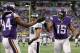 Dec 15, 2013; Minneapolis, MN, USA; Minnesota Vikings wide receiver Greg Jennings (15) celebrates with wide receiver Cordarrelle Patterson (84) during the fourth quarter against the Philadelphia Eagles at Mall of America Field at H.H.H. Metrodome. The Vik