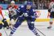 TORONTO, ON - DECEMBER 17: Peter Holland #24 of the Toronto Maple Leafs skates with the puck during NHL game action against the Florida Panthers December 17, 2013 at the Air Canada Centre in Toronto, Ontario, Canada. (Photo by Graig Abel/NHLI via Getty I