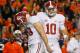 AUBURN, AL - NOVEMBER 30: AJ McCarron #10 and Cade Foster #43 react after Foster missed a field goal in the third quarter against the Auburn Tigers at Jordan-Hare Stadium on November 30, 2013 in Auburn, Alabama. (Photo by Kevin C. Cox/Getty Images)