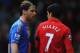 LIVERPOOL, ENGLAND - APRIL 21: Branislav Ivanovic of Chelsea talks with Luis Suarez of Liverpool as they walk in for half time during the Barclays Premier League match between Liverpool and Chelsea at Anfield on April 21, 2013 in Liverpool, England. (Pho