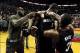 Dec 28, 2013; Portland, OR, USA; Miami Heat small forward LeBron James (6) and shooting guard Dwyane Wade (3) celebrate with Miami Heat center Chris Bosh (1) after he scores the game winning basket during the fourth quarter of the game against the Portlan