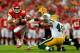 KANSAS CITY, MO - AUGUST 29: Quarterback Chase Daniel #10 of the Kansas City Chiefs is sacked by linebacker Rob Francois #49 of the Green Bay Packers during the preseason game on at Arrowhead Stadium on August 29, 2013 in Kansas City, Missouri. (Photo b
