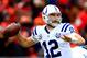 KANSAS CITY, MO - DECEMBER 22: Quarterback Andrew Luck #12 of the Indianapolis Colts passes during the game against the Kansas City Chiefs at Arrowhead Stadium on December 22, 2013 in Kansas City, Missouri. (Photo by Jamie Squire/Getty Images)