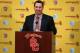 LOS ANGELES, CA - DECEMBER 03: Steve Sarkisian speaks at a press conference introducing him as the new USC head football coach at the John McKay Center at the University of Southern California on December 3, 2013 in Los Angeles, California. (Photo by S