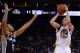 December 19, 2013; Oakland, CA, USA; Golden State Warriors point guard Stephen Curry (30) shoots the ball against San Antonio Spurs point guard Cory Joseph (5) during the first quarter at Oracle Arena. Mandatory Credit: Kyle Terada-USA TODAY Sports