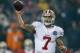 FOXBORO, MA - DECEMBER 16: Colin Kaepernick #7 of the San Francisco 49ers throws in the first quarter against the New England Patriots at Gillette Stadium on December 16, 2012 in Foxboro, Massachusetts. (Photo by Jim Rogash/Getty Images)