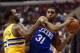 Dec 7, 2013; Philadelphia, PA, USA; Philadelphia 76ers forward Hollis Thompson (31) is defended by Denver Nuggets forward Jordan Hamilton (1) during the fourth quarter at the Wells Fargo Center. The Nuggets defeated the Sixers 103-92. Mandatory Credit: Ho