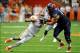 Oct 5, 2013; Syracuse, NY, USA; Clemson Tigers defensive end Vic Beasley (3) is blocked by Syracuse Orange offensive tackle Sean Hickey (60) during the third quarter at the Carrier Dome. Clemson defeated Syracuse 49-14. Mandatory Credit: Rich Barnes-USA