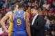 SACRAMENTO, CA - OCTOBER 23: Head Coach Mark Jackson of the Golden State Warriors coaches his players David Lee #10 and Andre Iguodala #9 against the Sacramento Kings on October 23, 2013 at Sleep Train Arena in Sacramento, California. NOTE TO USER: User e