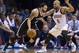 OKLAHOMA CITY, OK - JANUARY 2, 2014: Deron Williams #8 of the Brooklyn Nets handles the ball against Derek Fisher #6 of the Oklahoma City Thunder at the Chesapeake Arena on January 2, 2014 in Oklahoma City, Oklahoma. NOTE TO USER: User expressly acknowl