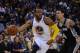December 19, 2013; Oakland, CA, USA; Golden State Warriors small forward Andre Iguodala (9) dribbles against San Antonio Spurs shooting guard Danny Green (4) during the second quarter at Oracle Arena. Mandatory Credit: Kyle Terada-USA TODAY Sports