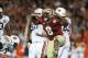 Jan 6, 2014; Pasadena, CA, USA; Florida State Seminoles defensive tackle Timmy Jernigan (8) reacts to a play against the Auburn Tigers during the second half of the 2014 BCS National Championship game at the Rose Bowl. Mandatory Credit: Matthew Emmons-US