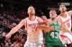 HOUSTON, TX - NOVEMBER 19: Donatas Motiejunas #20 and Omri Casspi #18 of the Houston Rockets box out Kris Humphries #43 of the Boston Celtics during the game on November 19, 2013 at the Toyota Center in Houston, Texas. NOTE TO USER: User expressly acknow
